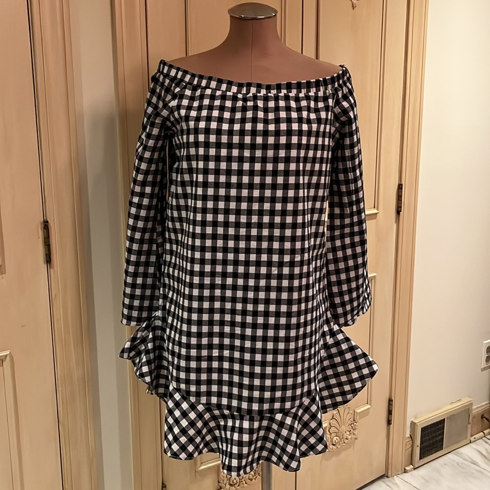 SABO SKIRT Preppy Party BLK/WHT Gingham Check Off Shoulder Bell Ruffle Dress M
